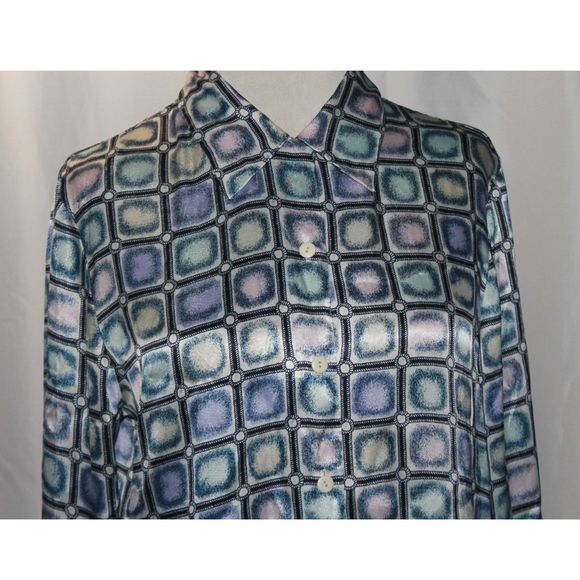 Lee David Collection Blue Satin Geometric Print Button Up Blouse Size S - Picture 3 of 5